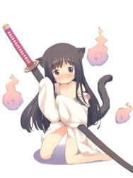 Rule 34 | 1girl, animal ears, anyannko, bad id, bad pixiv id, barefoot, blush, brown eyes, brown hair, cat ears, cat tail, child, collarbone, highres, hitodama, japanese clothes, katana, kimono, kneeling, long hair, long sleeves, looking at viewer, nose blush, off shoulder, open clothes, open kimono, original, solo, sword, tail, very long hair, weapon, wide sleeves, yukata