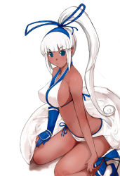 Rule 34 | 1girl, blue eyes, bow, breasts, dark-skinned female, dark skin, expressionless, feet out of frame, female focus, from side, gloves, large breasts, looking at viewer, m-hit, majikina mina, navel, ponytail, samurai spirits, sideboob, simple background, sitting, snk, solo, tareme, wariza, white background, white hair