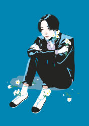 Rule 34 | 1boy, ankle socks, black eyes, black hair, blue background, canaco014, dress shirt, expressionless, flower, gakuran, holding, holding flower, hugging own legs, knees to chest, knees up, limited palette, looking to the side, male focus, no lineart, original, pants, parted bangs, partially unbuttoned, school uniform, shirt, shoes, short hair, sitting, socks, solo, uwabaki