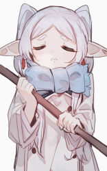 Rule 34 | 1girl, 3:, blue scarf, closed eyes, closed mouth, coat, commentary, earrings, frieren, highres, holding, holding staff, jewelry, long hair, long sleeves, pointy ears, scarf, shone, simple background, solo, sousou no frieren, staff, twintails, upper body, white background, white coat, white hair