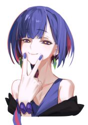 Rule 34 | 1girl, absurdres, armpit crease, bare shoulders, blue eyes, blue hair, blue shirt, bracelet, closed mouth, collarbone, colored inner hair, cropped torso, diamond earrings, earrings, fingersmile, hair over shoulder, half-closed eyes, highres, jacket, jacket partially removed, jewelry, kamitsubaki studio, kuzaki ginko, looking at viewer, low ponytail, multicolored eyes, multicolored hair, raised eyebrows, red eyes, red hair, rim (kamitsubaki studio), shirt, solo, v over mouth, virtual youtuber, yellow pupils