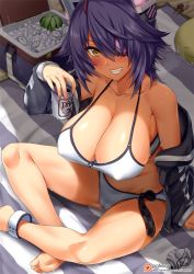Rule 34 | 1girl, alcohol, anklet, arm support, bare shoulders, barefoot, beach towel, beer, beer can, bikini, blanket, blush, bottle, breasts, cameltoe, can, cleavage, collarbone, commentary request, condensation, cooler, covered erect nipples, crossed legs, crushed can, darkmaya, day, drink can, eyepatch, feet, food, from above, fruit, graboid, grin, halterneck, hand up, headgear, holding, holding can, huge breasts, ice, jewelry, kantai collection, long sleeves, looking at viewer, melon, nail polish, off-shoulder, off-shoulder sweater, off shoulder, outdoors, parted lips, patreon logo, purple hair, red nails, sand, shade, short hair, sitting, smile, soda can, solo, sweat, sweater, swimsuit, tenryuu (kancolle), towel, tremors, watermark, watermelon, web address, white bikini, yellow eyes