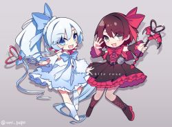 Rule 34 | 2girls, blue eyes, corset, crescent rose, detached sleeves, english text, frilled skirt, frilled sleeves, frills, grey eyes, hair ribbon, magical girl, maguro (guromaguro), multiple girls, myrtenaster, pantyhose, red hair, ribbon, ruby rose, rwby, scar, scar across eye, scar on face, skirt, wand, weiss schnee, white hair