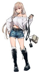 1girl bag bare_shoulders belt black_footwear boots commentary_request denim denim_shorts earrings handbag highres jewelry looking_at_viewer midriff_peek navel original purple_eyes saeki_shun shorts simple_background solo white_background