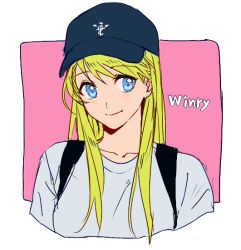 Rule 34 | 1girl, backpack, bag, baseball cap, blonde hair, blue eyes, blush, character name, fullmetal alchemist, hat, long hair, looking at viewer, looking away, pink background, riru, shirt, simple background, smile, solo, white background, white shirt, winry rockbell