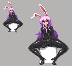 Rule 34 | 1girl, animal ears, bad id, bad twitter id, bodysuit, breasts, commentary request, covered navel, grey background, high heels, large breasts, latex, latex bodysuit, long hair, looking at viewer, namako daibakuhatsu, pixel art, purple hair, rabbit ears, red eyes, reisen udongein inaba, shiny clothes, simple background, sitting, skin tight, smile, solo, spread legs, touhou, very long hair