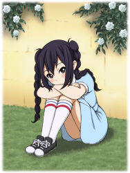 Rule 34 | 1girl, black hair, blush, brown eyes, crossed arms, dot nose, dress, female focus, flower, full body, grass, k-on!, k-on! movie, long hair, looking at viewer, nakano azusa, outdoors, shoes, shuchinsha, sitting, sneakers, socks, solo, striped clothes, striped socks
