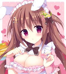 Rule 34 | 1girl, :o, animal ears, bad id, bad pixiv id, black bow, blush, bow, breast poke, breasts, brown hair, cleavage, commentary request, detached collar, flower, food, frills, fruit, hair bow, hair flower, hair ornament, hairpin, hands up, heart, holding, izuminanase, large breasts, long hair, macaron, maid, nail polish, original, pancake, pink background, pink nails, poking, polka dot, polka dot background, purple eyes, rabbit ears, solo, strawberry, two side up, upper body, wrist cuffs