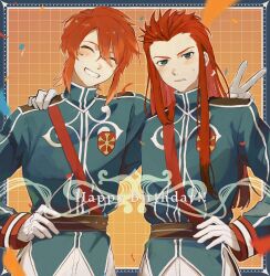 Rule 34 | 2boys, asch (tales), belt, blue jacket, blush, closed eyes, commentary request, confetti, gloves, green eyes, grin, hair between eyes, hair slicked back, hand on another&#039;s shoulder, hand on own hip, happy birthday, high collar, highres, jacket, long hair, long sleeves, looking at viewer, luke fon fabre, male focus, meba, multiple boys, official alternate costume, official alternate hair length, official alternate hairstyle, pants, parted lips, red hair, short hair, sidelocks, smile, spiked hair, sweatdrop, tales of (series), tales of the abyss, upper body, v, white gloves, white pants