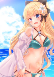 Rule 34 | 1girl, absurdres, aqua bikini, beach, bikini, blonde hair, bow, breasts, cleavage, cloud, collarbone, commentary request, day, flower, groin, hair bow, hair flower, hair ornament, hair ribbon, heart, heart-shaped pupils, highres, jacket, jewelry, layered bikini, long hair, looking at viewer, medium breasts, navel, necklace, open mouth, pointy ears, princess connect!, ribbon, saren (princess connect!), saren (summer) (princess connect!), sky, solo, star (symbol), star necklace, swimsuit, symbol-shaped pupils