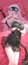 Rule 34 | 1girl, bare arms, bare shoulders, black choker, black dress, breasts, choker, covered navel, dress, earrings, eyewear on head, highres, holding, holding scythe, holding up, hololive, hololive english, izumi sai, jewelry, large breasts, long hair, looking at viewer, lying, messy hair, mori calliope, mori calliope (sleepwear), on back, on bed, pink hair, red eyes, red ribbon, ribbon, scythe, sidelocks, sleep mask, solo, thighs, virtual youtuber