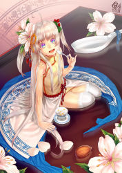 Rule 34 | 1girl, almond, b.c.n.y., bare shoulders, cup, flower, highres, image sample, long hair, looking at viewer, mini person, minigirl, multicolored eyes, nail polish, open mouth, original, oversized object, petals, silver hair, sitting, solo, spoon, thighhighs, traditional clothes, twintails, very long hair, watermark