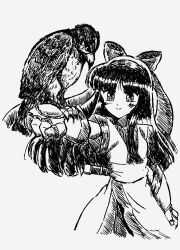 Rule 34 | 1girl, ainu clothes, arm up, fingerless gloves, gloves, highres, legs, long hair, looking at viewer, mamahaha, monochrome, nakoruru, pants, samurai spirits, smile, snk, the king of fighters, thighs, traditional media