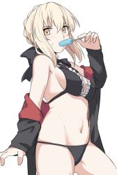 Rule 34 | 1girl, artoria pendragon (alter swimsuit rider) (fate), artoria pendragon (alter swimsuit rider) (second ascension) (fate), artoria pendragon (fate), bikini, black bikini, black bow, black ribbon, blonde hair, bow, braid, breasts, commentary request, eating, fate/grand order, fate (series), food, frills, hair bow, in mouth, jacket, looking at viewer, maid, maid bikini, maid headdress, medium breasts, navel, popsicle, ribbon, shiseki hirame, short hair, simple background, solo, sweatdrop, swimsuit, thighhighs, unconventional maid, white background, yellow eyes