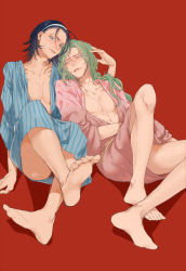 Rule 34 | 2boys, black hair, blue eyes, blush, green hair, hairband, head on another&#039;s shoulder, highres, japanese clothes, long hair, looking at another, looking at viewer, makishima yuusuke, male focus, messy hair, mole, multicolored hair, multiple boys, open clothes, orange hair, red background, simple background, sitting, sketch, streaked hair, toned, toudou jinpachi, yaoi, yowamushi pedal, zhangmingxigege