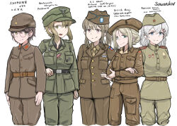 Rule 34 | 5girls, :3, absurdres, airborne, bandaid, bandaid on face, bandaid on nose, belt, blonde hair, british army, brown coat, brown necktie, coat, garrison cap, glasses, green coat, hair ornament, hairclip, hat, highres, imperial japanese army, medal, military coat, military hat, military uniform, multiple girls, necktie, original, savankov, soviet army, uniform, united states army, wehrmacht, white hair, world war ii