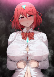 Rule 34 | 1girl, blouse, blush, breasts, bursting breasts, button gap, chest jewel, hair between eyes, heart, heart-shaped pupils, highres, large breasts, looking at viewer, navel, open mouth, partially unbuttoned, ponponmaru, pyra (xenoblade), red eyes, red hair, shirt, short hair, solo, steaming body, sweat, symbol-shaped pupils, tiara, white shirt, xenoblade chronicles (series), xenoblade chronicles 2