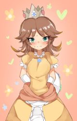 Rule 34 | 1girl, :|, absurdres, blush, brown hair, closed mouth, commentary, crown, dress, elbow gloves, floral background, frilled sleeves, frills, frown, gloves, green eyes, grey headwear, heart, heart background, highres, holding, holding behind back, long dress, looking at viewer, mario (series), medium hair, nintendo, holding behind back, orange background, orange dress, princess daisy, short sleeves, solo, standing, sukeo (nunswa08), super mario land, sweatdrop, tomboy, white gloves