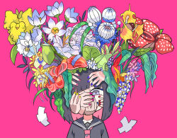 Rule 34 | 1girl, black hair, blue eyes, blue nails, flower, leaf, long hair, nail polish, one eye covered, original, pink background, pink nails, red flower, red nails, simple background, solo, terada tera, upper body, white flower, yellow flower, yellow nails