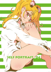Rule 34 | 1girl, bare legs, blonde hair, breasts, candy, cheek press, collarbone, dress shirt, food, glasses, green eyes, hair ornament, hand on own knee, long hair, long sleeves, no bra, open clothes, open shirt, original, red-framed eyewear, shirt, sitting, smile, solo, striped, striped background, tamori tadaji, twintails