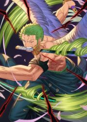 Rule 34 | 1boy, aura, bandana, bandana around arm, black bandana, feathered wings, green hair, green pants, haramaki, holding, holding sword, holding weapon, looking at viewer, male focus, mouth hold, one eye closed, one piece, pants, roronoa zoro, scar, scar across eye, short hair, solo, stnutt, sword, topless male, triple wielding, upper body, weapon, white wings, wings