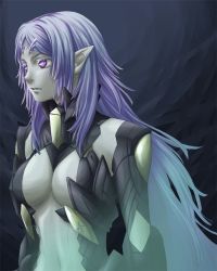 Rule 34 | 1girl, armor, breasts, dark background, elma (true form) (xenoblade x), elma (xenoblade x), long hair, looking at viewer, navel, nintendo, open mouth, oto nagi, pointy ears, purple eyes, purple hair, red eyes, simple background, solo, spoilers, xenoblade chronicles (series), xenoblade chronicles x