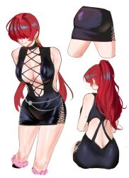 Rule 34 | 1girl, ass, back cutout, black dress, breasts, cleavage, cleavage cutout, clothing cutout, dan koflove, dress, hair over eyes, halter dress, halterneck, highres, large breasts, multiple views, ponytail, red hair, shermie (kof), the king of fighters, white background