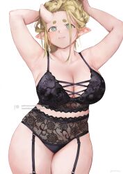 Rule 34 | 1girl, armpits, arms up, artist name, black bra, black garter straps, black panties, blonde hair, blue eyes, bra, breasts, cleavage, closed mouth, cowboy shot, garter straps, highres, horns, large breasts, legs together, lingerie, looking at viewer, nashidrop, original, paid reward available, panties, patreon logo, pear (nashidrop), plump, pointy ears, simple background, single horn, solo, standing, tareme, underwear, underwear only, watermark, web address, white background