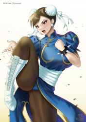 Rule 34 | 1girl, black pantyhose, blue dress, boots, bracelet, breasts, brown eyes, brown hair, bun cover, capcom, china dress, chinese clothes, chun-li, cross-laced footwear, double bun, dress, earrings, hair bun, highres, jewelry, large breasts, open mouth, pantyhose, pelvic curtain, ryuuneart, sash, short hair, solo, spiked bracelet, spikes, standing, standing on one leg, street fighter, white footwear
