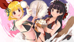 Rule 34 | 2girls, :d, :o, ahoge, bare arms, bikini, black bikini, black eyes, black hair, blonde hair, blush, bow, breasts, brown eyes, capelet, character request, cleavage, cowboy shot, dango, detached sleeves, dutch angle, escalation heroines, food, full moon, hair bow, hair ornament, holding, holding food, long hair, looking at viewer, medium breasts, moon, multicolored background, multiple girls, navel, open mouth, red bow, red ribbon, ribbon, sailor collar, short hair, sideboob, smile, standing, swimsuit, tassel, thick eyebrows, tsukimi dango, underboob, upper body, wagashi, wheat, white capelet, wide sleeves, yaegashi nan