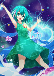 Rule 34 | 1girl, :d, aqua eyes, aqua hair, arm up, bare arms, bare shoulders, blush, commentary request, dress, feet out of frame, green dress, hagoromo lala, hair between eyes, hand up, heart, highres, looking at viewer, medallion, multicolored hair, open mouth, pink hair, precure, silver hair, sleeveless, sleeveless dress, smile, solo, star twinkle precure, streaked hair, tsuyukina fuzuki