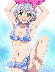 Rule 34 | 10s, 1girl, amagi brilliant park, armpits, arms up, barefoot, bikini, blue bikini, blush, breasts, cameltoe, cleavage, feet, female focus, green eyes, leg up, looking at viewer, muse (amaburi), navel, noa p, open mouth, pom pom (cheerleading), short hair, silver hair, soles, solo, standing, swimsuit, toes, tongue, underboob