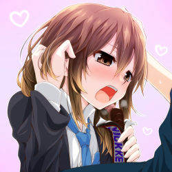 Rule 34 | 1girl, blue necktie, blush, brown eyes, brown hair, candy, chocolate, chocolate bar, commentary request, food, gotoba sora, hair flip, tucking hair, hand on another&#039;s head, heart, heavy breathing, highres, innocent red, long sleeves, necktie, nose blush, open mouth, original, school uniform, sexually suggestive, short hair, snickers (brand), solo focus, watarui