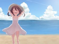 Rule 34 | 10s, 1girl, alternate costume, armpits, arms up, bare shoulders, beach, brown hair, cloud, day, dress, closed eyes, hair ornament, hairclip, harusawa, ikazuchi (kancolle), kantai collection, ocean, open mouth, outdoors, school uniform, short hair, sky, smile, solo, sundress, white dress