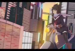 Rule 34 | 1girl, cityscape, flying, gloves, letterboxed, motor vehicle, motorcycle, original, riding, scarf, scenery, school uniform, science fiction, scooter, solo, thighhighs, urashima kyousuke, vehicle, zettai ryouiki