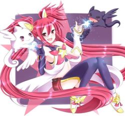 Rule 34 | 1girl, bare shoulders, breasts, fang, hair ornament, jinx (league of legends), league of legends, long hair, looking at viewer, low twintails, open mouth, red eyes, red hair, ribbon, short twintails, skirt, small breasts, smile, solo, star guardian (league of legends), star guardian jinx, twintails, very long hair