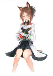Rule 34 | 1girl, animal ears, ascot, black skirt, blush, brown hair, buttons, chopsticks, clover hair ornament, collared shirt, commentary, cup ramen, double-breasted, fine motion (umamusume), food, gloves, green eyes, green vest, hair between eyes, hair bun, hair ornament, highres, holding, holding chopsticks, holding food, horse ears, horse girl, horse tail, jacket, long sleeves, multicolored hair, shirt, short hair, simple background, skirt, smile, solo, streaked hair, suke omi, tail, umamusume, vest, white ascot, white background, white gloves, white hair, white jacket