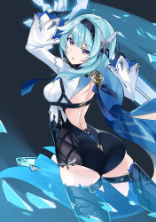 Rule 34 | 1girl, absurdres, ass, blue hair, breasts, cape, eula (genshin impact), from behind, genshin impact, gloves, hair ornament, hairband, half-closed eyes, highres, ice, leotard, long hair, looking at viewer, medium breasts, open mouth, ragnaveldt, shiny clothes, short shorts, shorts, sideboob, solo, sword, thigh strap, thighhighs, weapon