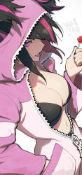 Rule 34 | 1girl, alternate hairstyle, artist name, black hair, breasts, candy, cleavage, commentary, food, han juri, hand in pocket, hata4564, highres, holding, holding candy, holding food, holding lollipop, hood, hooded jacket, hooded pajamas, jacket, large breasts, lollipop, looking at viewer, multicolored hair, official alternate costume, pajamas, pink eyes, pink hair, purple eyes, short hair, smile, solo, street fighter, street fighter 6, two-tone hair