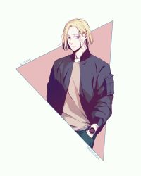 Rule 34 | 1boy, acca 13-ku kansatsu-ka, artist name, bad id, bad pixiv id, beige background, blonde hair, blue eyes, character name, copyright name, delight hsia, highres, jacket, male focus, rail (acca), simple background, solo, watch