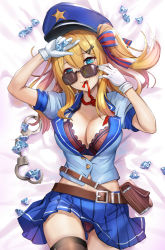 Rule 34 | 1girl, adjusting eyewear, adjusting glasses, belt, belt pouch, blonde hair, blue eyes, blue shirt, blue skirt, blush, bra, breasts, brown thighhighs, cleavage, cowboy shot, cuffs, diamond (gemstone), girls&#039; frontline, gloves, gluteal fold, hair between eyes, hair ornament, hair ribbon, handcuffs, hat, head tilt, himonoata, holding, kalina (girls&#039; frontline), lace, lace-trimmed bra, lace trim, large breasts, long hair, looking at viewer, looking over eyewear, looking over glasses, lying, midriff, miniskirt, mouth hold, navel, on back, one side up, panties, peaked cap, pleated skirt, police, police uniform, policewoman, pouch, red ribbon, ribbon, ribbon in mouth, shirt, sidelocks, skindentation, skirt, smile, solo, star (symbol), stomach, sunglasses, thighhighs, tinted eyewear, underwear, uniform, white gloves, wing collar