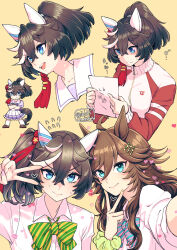 Rule 34 | 2girls, ahoge, alternate costume, animal ears, black hair, blue eyes, bow, bowtie, breasts, brown hair, chibi, chibi inset, closed mouth, collared shirt, crossed bangs, ear covers, flying sweatdrops, green eyes, hair between eyes, hair ornament, hairclip, heart, hi (ibisf5umauma), highres, holding, holding paper, horse ears, horse girl, horse tail, jacket, katsuragi ace (umamusume), long hair, long sleeves, looking at viewer, mr. c.b. (umamusume), multicolored hair, multiple girls, multiple views, open clothes, open jacket, open mouth, paper, ponytail, reaching, reaching towards viewer, red jacket, sailor collar, selfie, shaded face, shirt, short hair, simple background, sleeves pushed up, small breasts, smile, streaked hair, sweat, tail, translation request, twitter username, umamusume, v over eye, v over mouth, yellow background