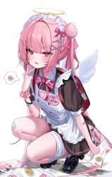 Rule 34 | 1girl, absurdres, ahoge, angel wings, apron, backpack, bag, bandaged leg, bandages, bandaid, bandaid on arm, bandaid on cheek, bandaid on face, bandaid on knee, bandaid on leg, black dress, black footwear, blush, bracelet, clothing cutout, commentary request, dress, frilled apron, frills, full body, hair bun, hair ornament, hair ribbon, hairclip, halo, heart cutout, highres, holding, jewelry, long hair, looking at viewer, maid, maid apron, maid headdress, mini wings, mole, mole under eye, open mouth, original, pink eyes, pink hair, puffy short sleeves, puffy sleeves, randoseru, ribbon, scrunchie, shoes, short sleeves, sidelocks, simple background, socks, solo, spoken squiggle, squatting, squiggle, sweat, thighs, twintails, very long hair, white background, white socks, white wings, whitebc, wings, wrist scrunchie, x hair ornament