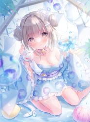 Rule 34 | 1girl, animal ears, balloon, bare shoulders, blue kimono, blue nails, blurry, blurry foreground, blush, bottomless, breasts, brown eyes, brown hair, cleavage, collarbone, commentary request, double bun, fake animal ears, frilled kimono, frills, from above, hair bun, hair ornament, hand up, highres, holding, japanese clothes, kimono, long sleeves, looking at viewer, medium breasts, nail polish, obi, off shoulder, omochi monaka, original, print kimono, purple ribbon, purple sash, ribbon, sash, sitting, solo, tail, water, wet, wide sleeves, wind chime, x hair ornament, yukata