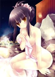 Rule 34 | 1girl, absurdres, arm support, black hair, blush, breasts, brown eyes, covering privates, flower, folded ponytail, hair flower, hair ornament, hair up, highres, large breasts, leaning forward, miyasu risa, navel, night, night sky, nude, nude cover, onsen, shiny skin, sky, smile, soaking feet, solo, steam, towel, water