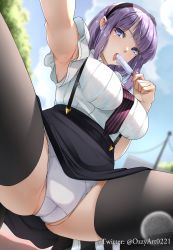Rule 34 | 1girl, absurdres, black thighhighs, blue eyes, blue sky, breasts, bush, cameltoe, cloud, commentary, dagashi kashi, day, eating, english commentary, food, hairband, highres, holding, holding food, large breasts, looking at viewer, necktie, outdoors, ozzyart 0221, panties, partially visible vulva, popsicle, purple hair, shidare hotaru, shirt, short sleeves, sidelocks, sky, solo, spread legs, squatting, thighhighs, twitter username, underwear, white panties, white shirt
