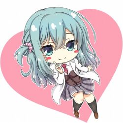 Rule 34 | 1girl, aqua eyes, aqua hair, beads, between breasts, blush stickers, breasts, brown footwear, chibi, closed mouth, commentary request, crossed bangs, double-parted bangs, eyelashes, grey skirt, hair beads, hair between eyes, hair ornament, hand up, heart, hirocchi, index finger raised, lab coat, large breasts, loafers, long hair, lowres, miniskirt, necktie, necktie between breasts, one side up, pink background, pleated skirt, red necktie, riddle joker, school uniform, shikibe mayu, shoes, simple background, skirt, smile, solo, wavy hair, white background