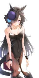 Rule 34 | 1girl, alternate costume, animal ears, bare shoulders, black footwear, black hair, black leotard, blue flower, blue rose, boots, breasts, cleavage, closed mouth, covered navel, feet out of frame, fishnet pantyhose, fishnets, flower, groin, hair over one eye, hat, hat flower, highres, horse ears, horse girl, horse tail, leotard, long hair, pantyhose, pink eyes, purple hat, rice shower (umamusume), rose, simple background, sitting, small breasts, smile, solo, stool, tail, umamusume, white background, wrist cuffs, yomean!