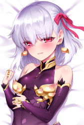 Rule 34 | 1girl, blush, dakimakura (medium), detached sleeves, earrings, fate/grand order, fate (series), hair ribbon, highres, jewelry, kama (fate), kama (first ascension) (fate), looking at viewer, m-da s-tarou, nail polish, open mouth, red eyes, red ribbon, ribbon, short hair, silver hair, smile, solo, upper body