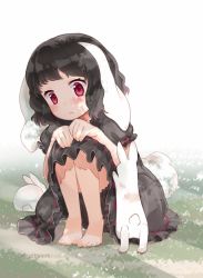 Rule 34 | 1girl, 3:, alternate color, animal, animal ears, barefoot, black bloomers, black dress, black hair, bloomers, blush, closed mouth, creature and personification, dappled sunlight, day, dress, expressionless, film grain, floppy ears, frilled dress, frilled sleeves, frills, full body, hands on own knees, hands up, inaba tewi, knees to chest, knees up, leaning forward, light rays, looking at viewer, looking to the side, mito tsubaki, no nose, official alternate costume, on grass, on ground, outdoors, puffy short sleeves, puffy sleeves, rabbit, rabbit ears, rabbit girl, rabbit tail, red eyes, ribbon-trimmed dress, shade, short hair, short sleeves, sitting, solo, sunbeam, sunlight, tail, tareme, toes, touhou, twitter username, underwear, wavy hair, white tail